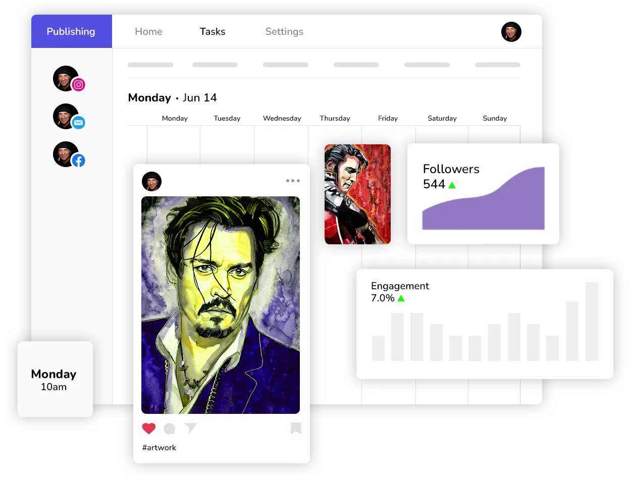 A month of posts laid out on a calendar, with an artwork scheduled for Monday and the follower and engagement counts beside it