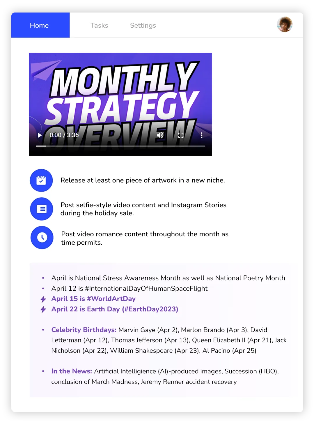 The monthly strategy overview: a video briefing, three actions for the month, and the dates worth posting around